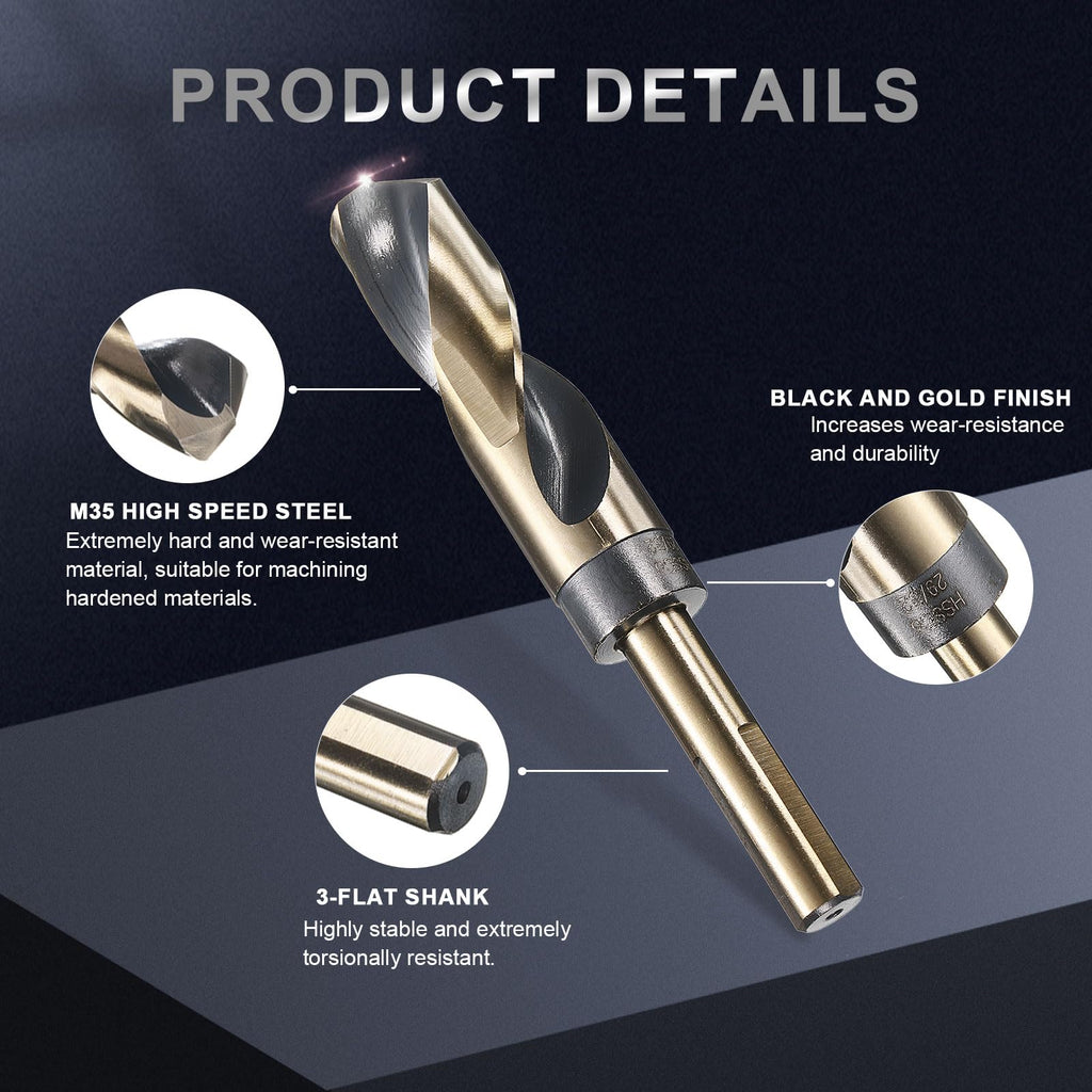 uxcell 29/32" Drill Bit 1/2" Reduced Shank 3-Flat M35 5% Cobalt HSS