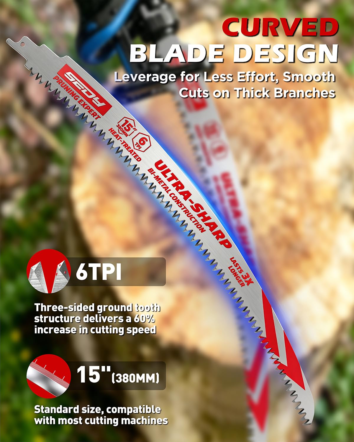 15 Inch Japanese Teeth Reciprocating Saw Blades, Arc Edge Pruning Blades, 6TPI for Tree Trimming, Wood Cutting, Green Wood, Wet Wood and Branch Cutting, 3 Pack