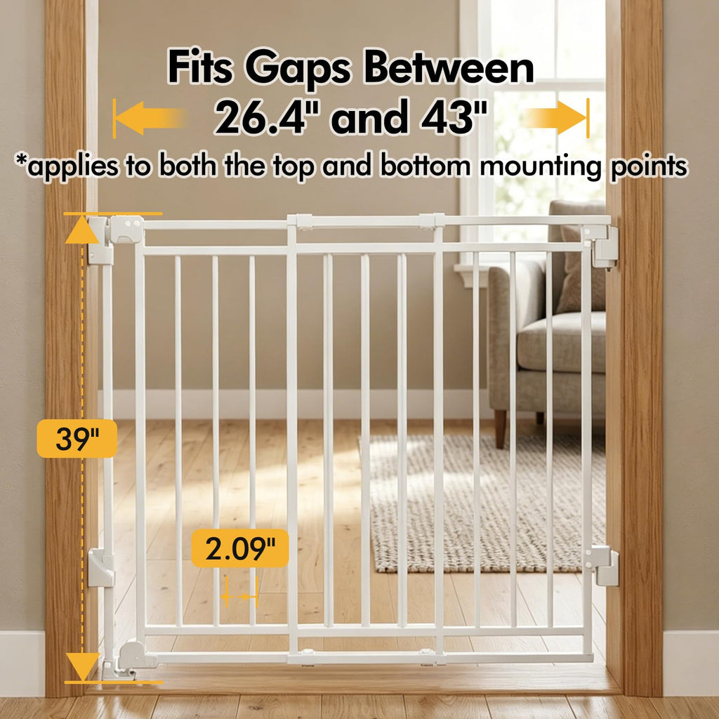 39" H x 26.4-43" W Extra-Tall Adjustable Hardware/Pressure-Mounted Pet & Child Safety Gate with Dual-Lock Walk-Through Swing Door for Stairs, Hallways & Wide Doorways — White
