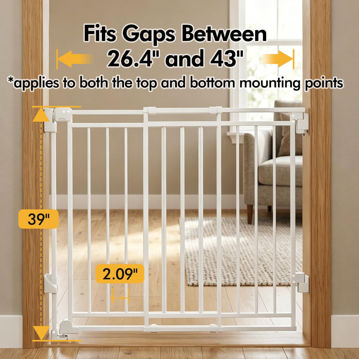 39" H x 26.4-43" W Extra-Tall Adjustable Hardware/Pressure-Mounted Pet & Child Safety Gate with Dual-Lock Walk-Through Swing Door for Stairs, Hallways & Wide Doorways — White