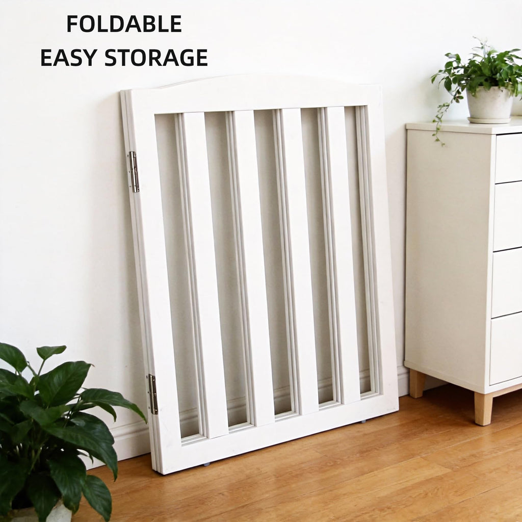 Freestanding Solid Wood Folding Pet & Dog Barrier Gate with Support Feet for Wide Indoor Openings, Hallways & Stairs — White