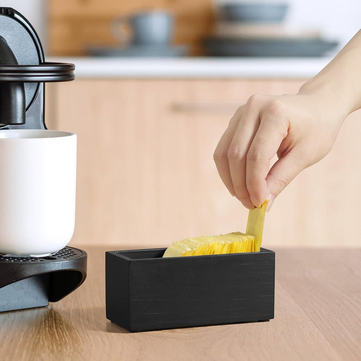 Sugar Packet Holder, Wood Sugar Caddy, Black Sugar Packet Holder for Coffee Bar, Drink Packet Organizer, Condiment