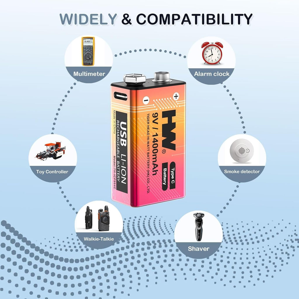 9 Volt Batteries 4 Pack, 1400mAh Rechargeable Lithium Battery 9V with USB C Fast Charging Cable, 1000 Cycles Square