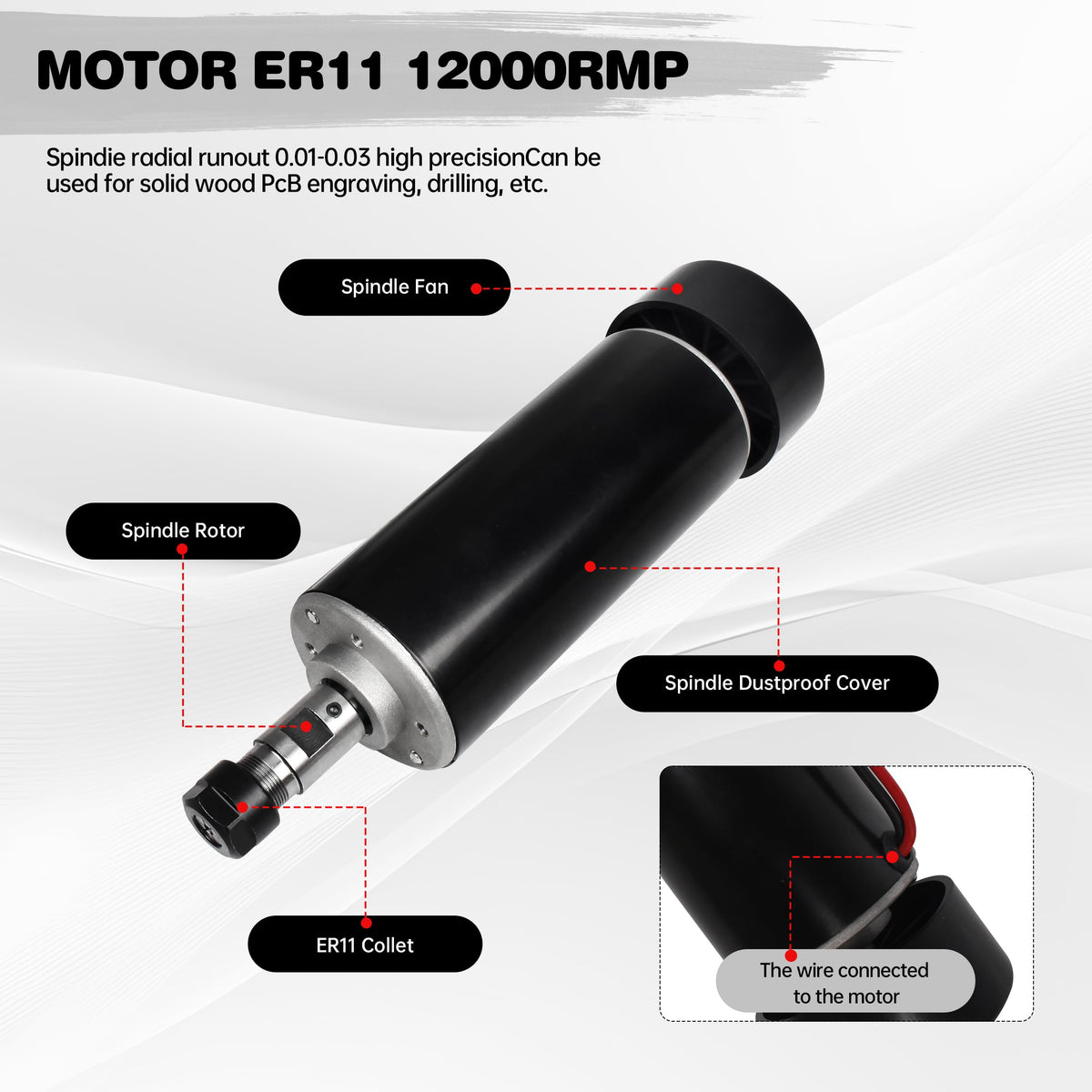 RATTMMOTOR 500W CNC Air Cooled Spindle Motor ER11 12-100VDC