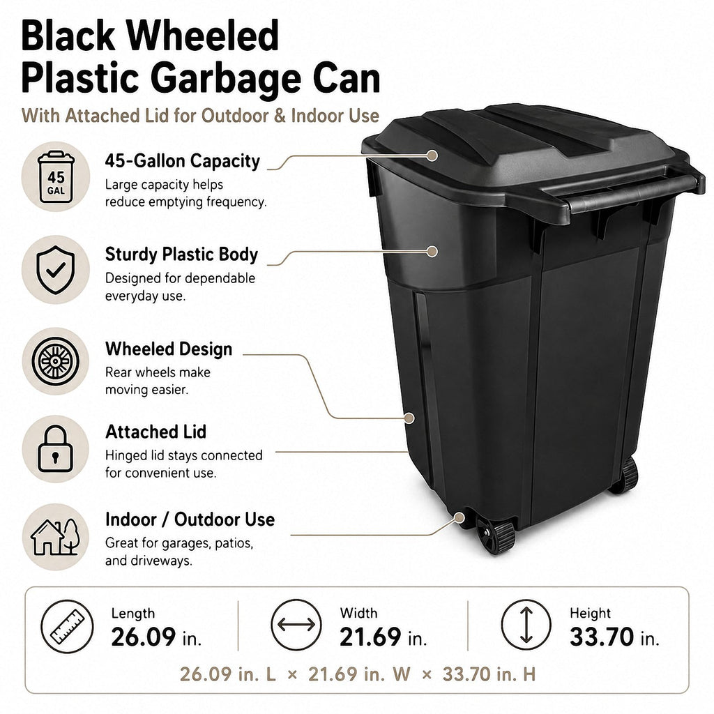 45 Gallon Outdoor Trash Can with Lid, Heavy-Duty Wheeled Garbage Bin