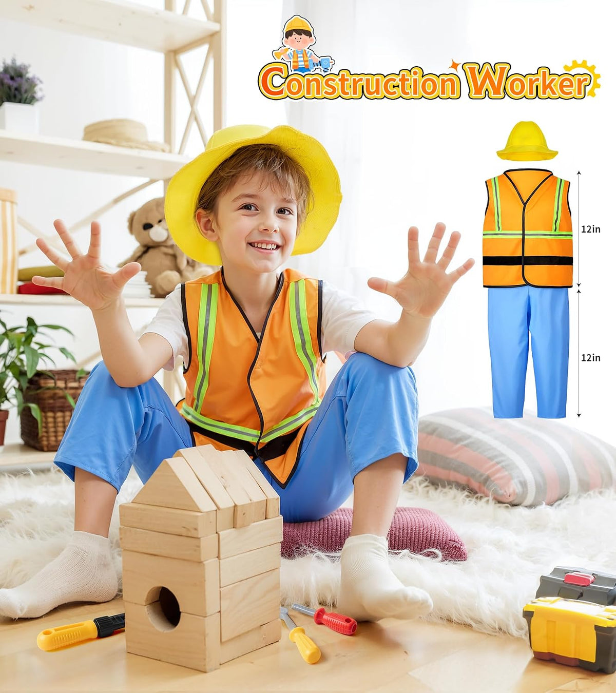 Boy's Dress Up Costumes Set, Kids Role Play Set 11pcs Dress Up Trunk | Pirate, Chef, Construction Worker, Policeman