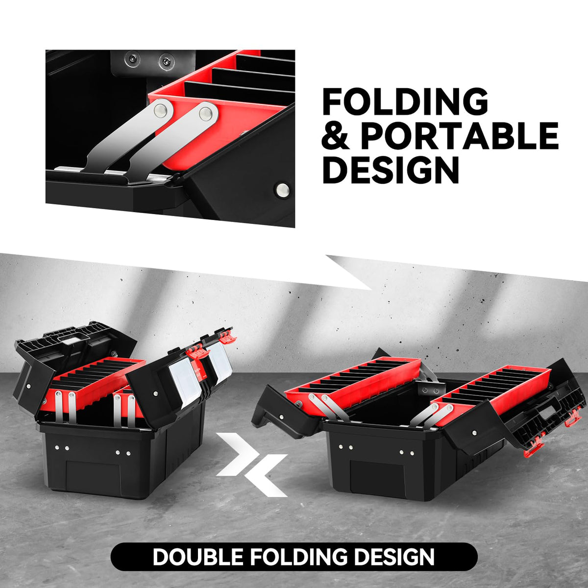 Foldable 2-layer Tool Box w/Non-Slip Handle Tray Storage, Red