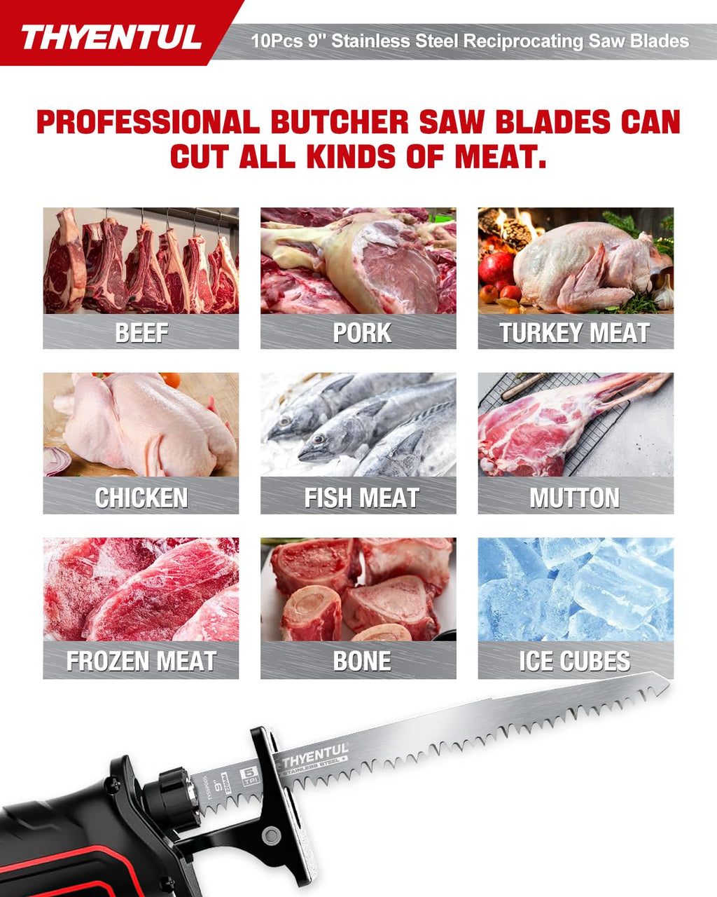 10 Pack 9 Inch Stainless Steel Reciprocating Saw Blades, 5 TPI Uncoated Sawzall Blades for Frozen Meat, Fish & Bone, Fleam Ground Teeth, Universal Fit