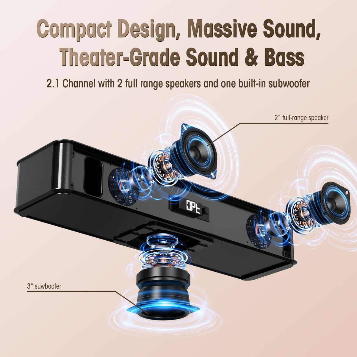 2.1ch Sound Bar with Built-in Subwoofer, 100W Peak Power, HDMI ARC/Opt/AUX/USB/Bluetooth 5.3, 3 EQ Modes & Volume