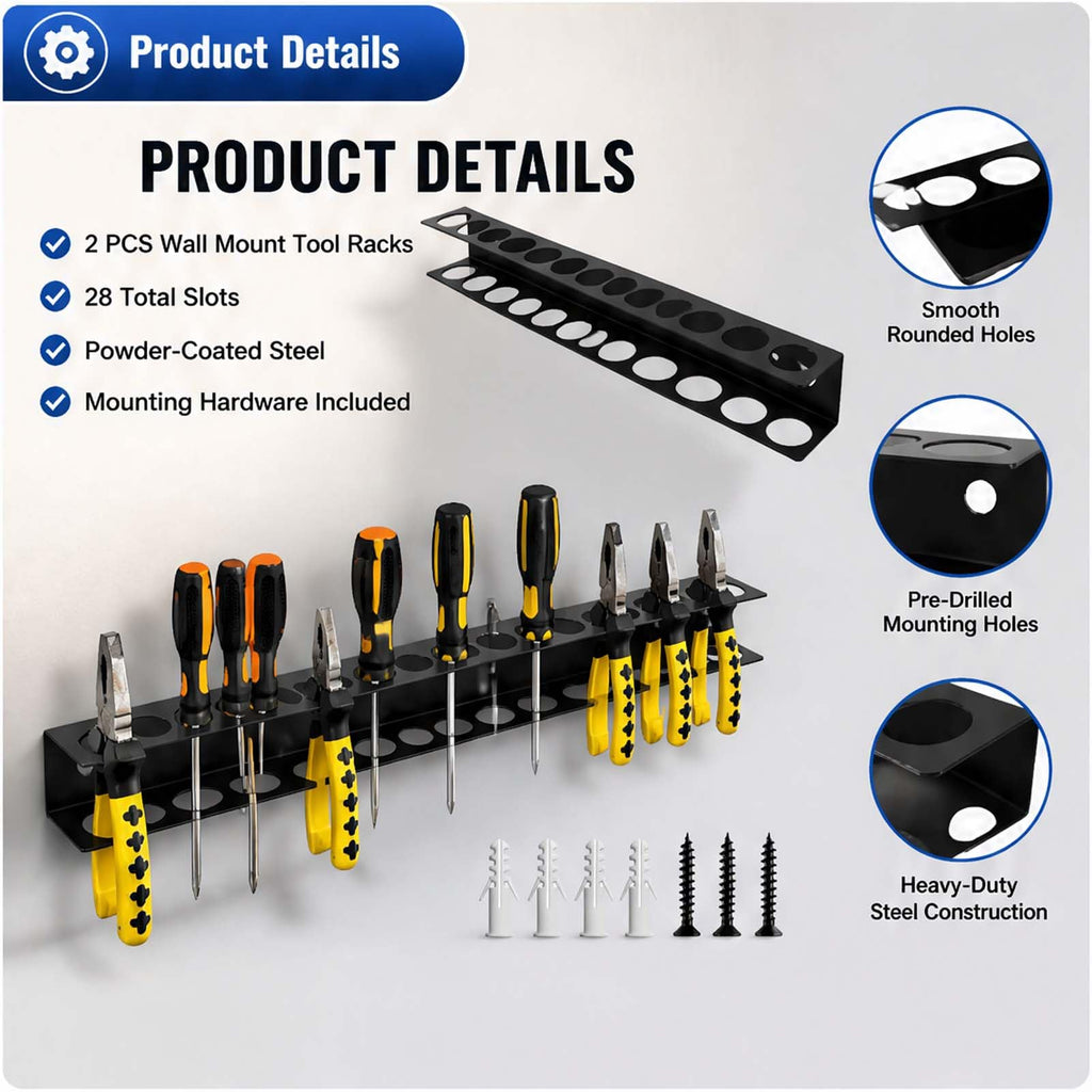 Screwdriver Organizer Wall Mount, 2 Pack Metal Tool Holder Rack