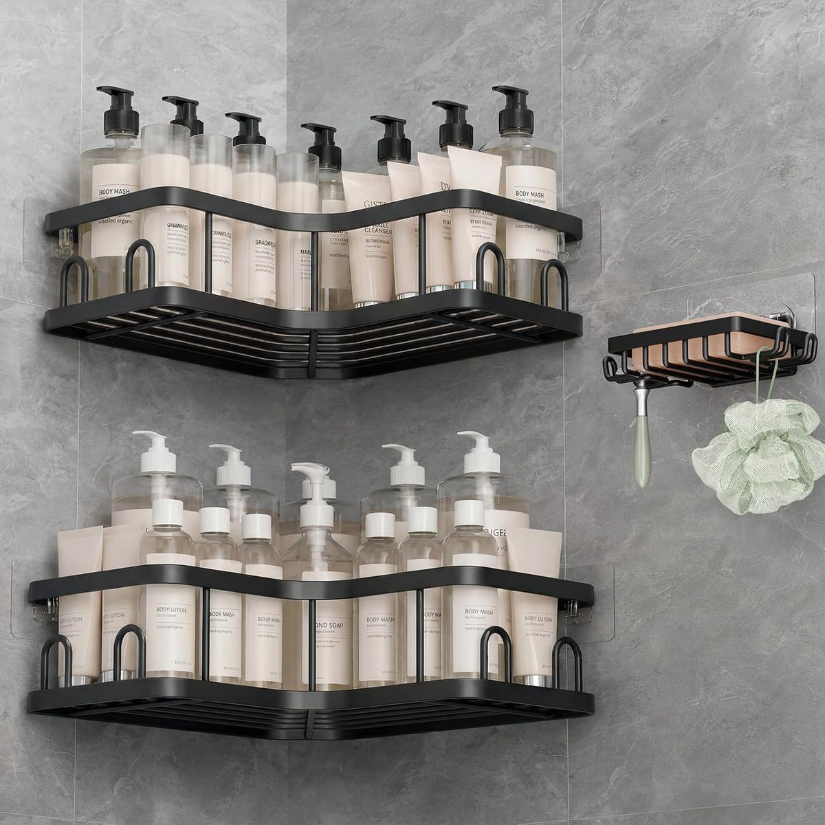 Corner Shower Caddy 3-Pack, Advanced Rustproof Design&Stable Storage | No Drilling Adhesive Shelves, Rack with Soap