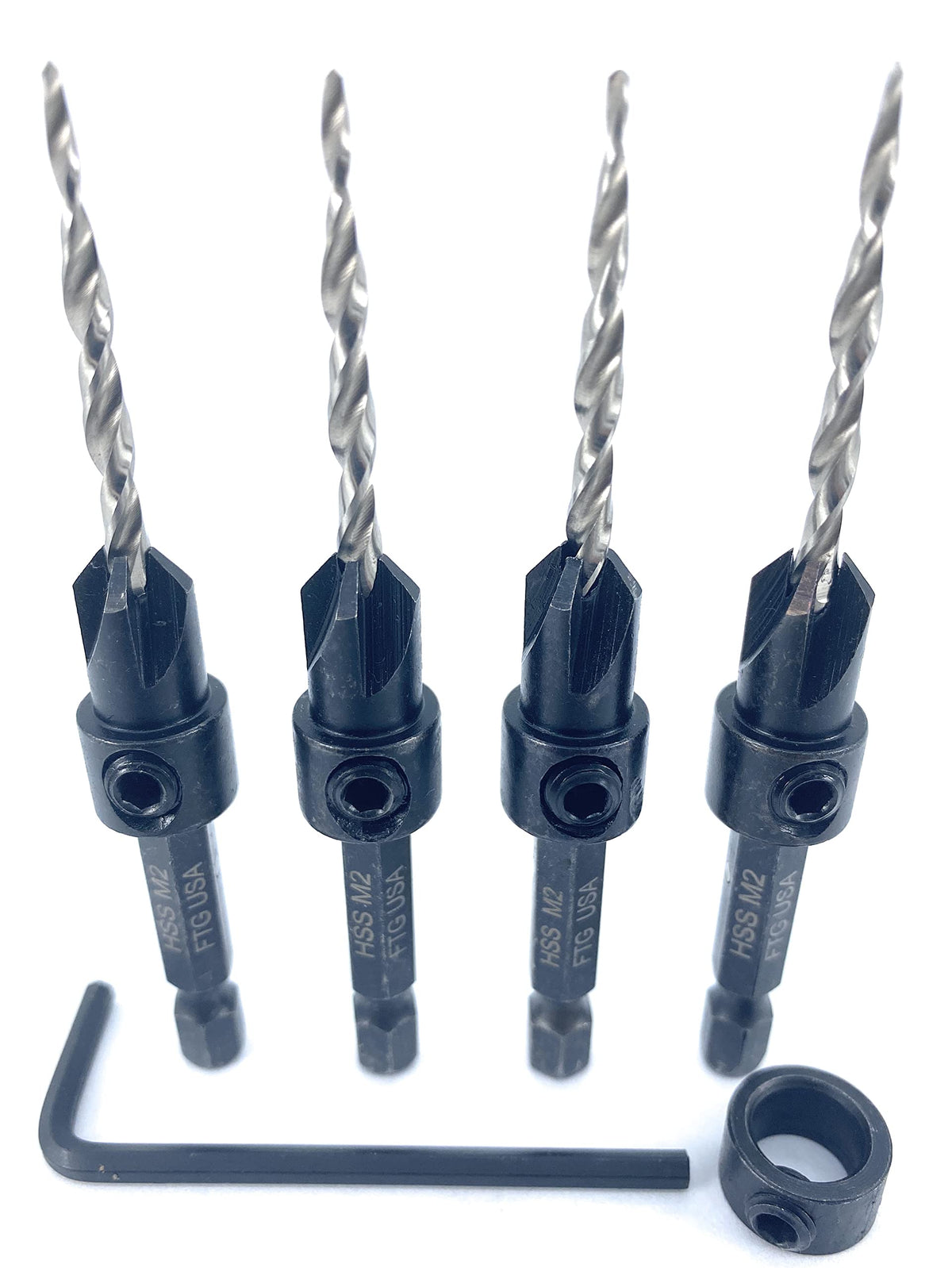 FTG USA 4 Pc #6 (9/64") Tapered Countersink Drill Bit Set with 1 Stop