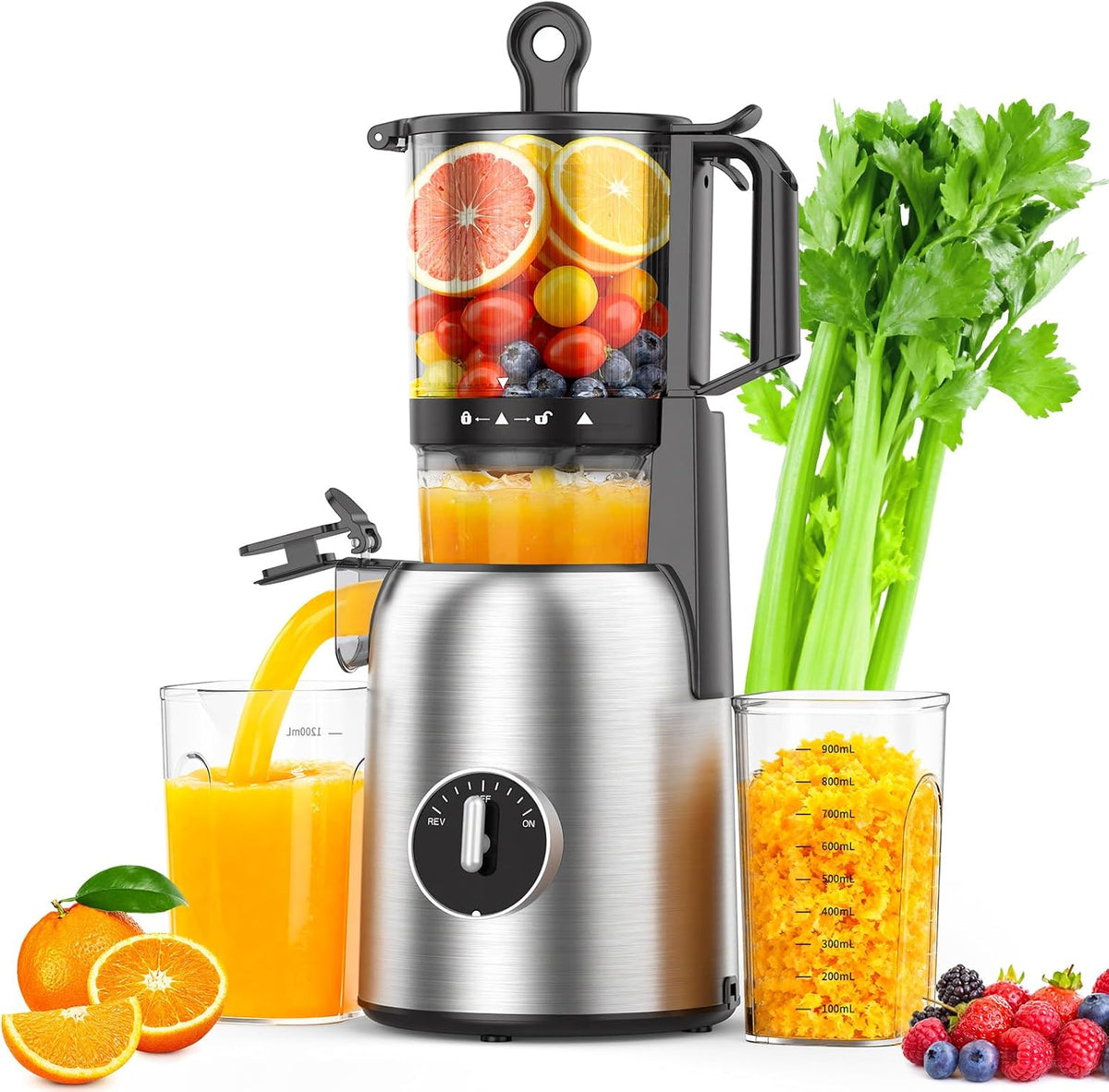 Cold Press Juicer, Juicer Machines with 5.4" Wide Feed Chute, High Juice Yield Slow Masticating Juicer, Quiet Motor
