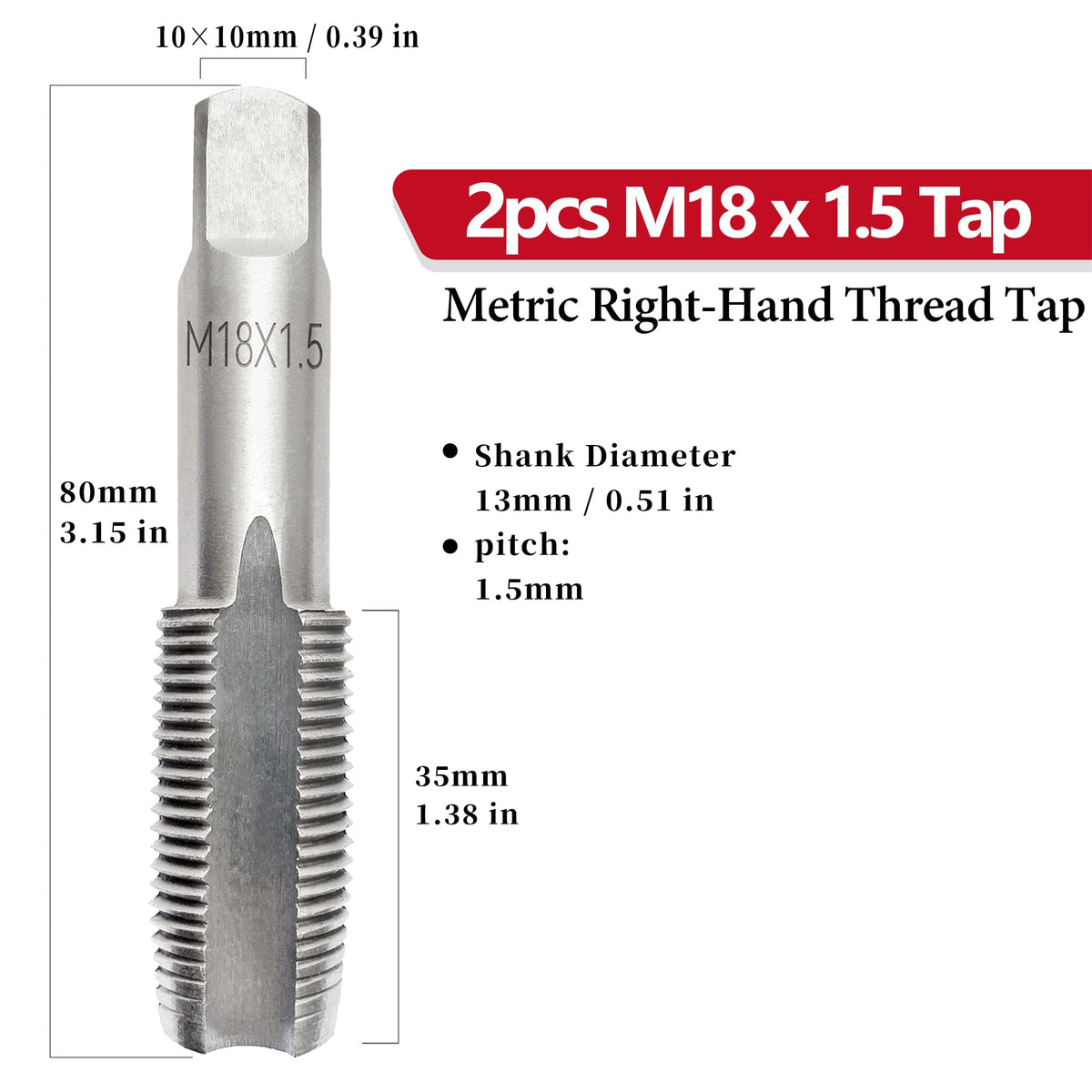 2Pcs M18x1.5 Metric Right-Hand Thread Tapping Tool, Hand Taper & Plug Tap
