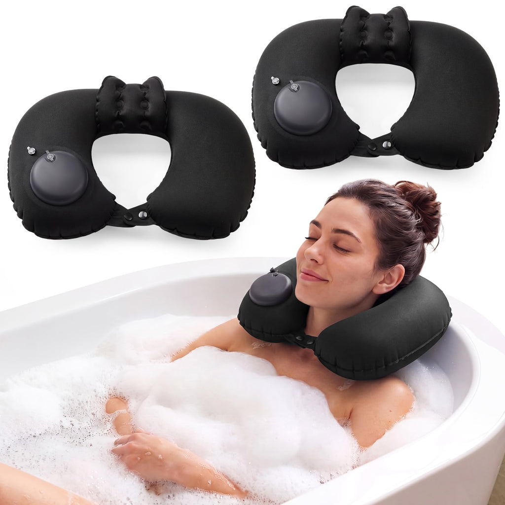 2 Pcs Inflatable Bath Pillows for Tub, U-Shaped Neck & Head Support Cushion, Portable Blow Up Travel Neck Pillow with