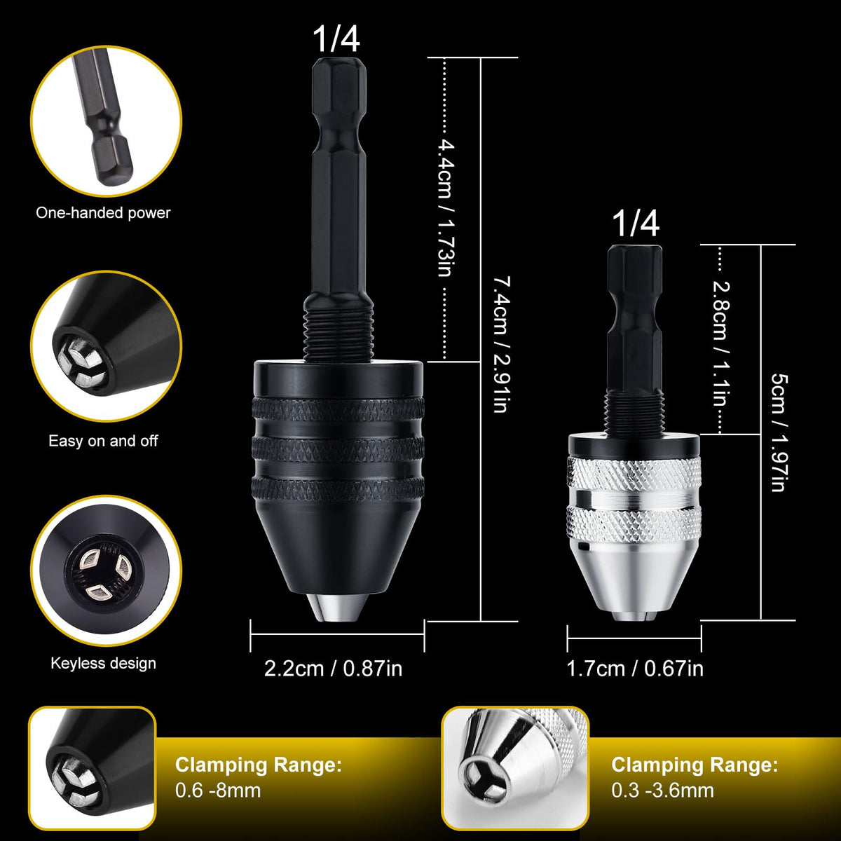 Valkynos 2Pcs Drill Chuck Adapter Keyless, 1/4 Inch Hex Shank Drill Bit Adapter Converter for Impact Driver, Quick Change Impact Drill Chuck Adapter in 0.6-8mm, 0.3-3.6mm for Tool Attachment