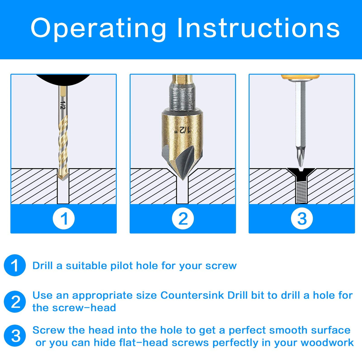Countersink Drill Bit Set, 5 Pieces High Speed Steel 82 Degree 5 Flute 6mm Shank Mill Cutter Bit Countersink in Sizes 3/8" Set with Carrying Case.