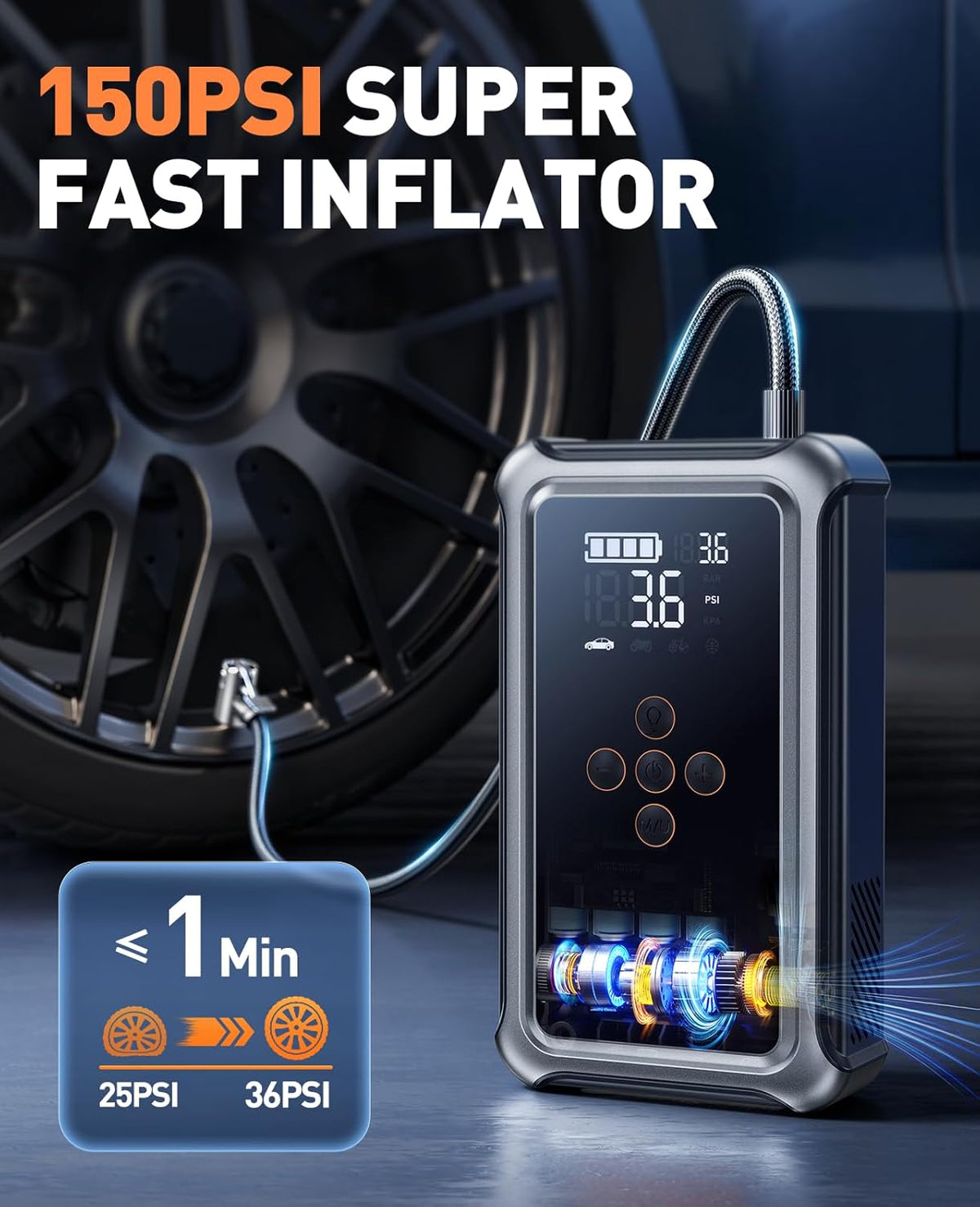 Jump Starter with Air Compressor, 5000A Portable Car Battery Jumper Starter(All Gas/10L Diesel) with 150PSI