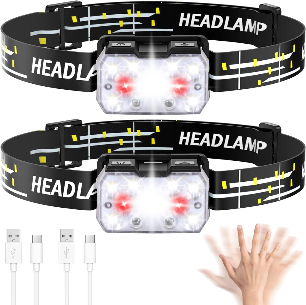 Headlamp Rechargeable 2 Pack, 2000 Lumen Ultra-Light Bright LED Head Lamp with White Red Light, 10 Modes, Motion
