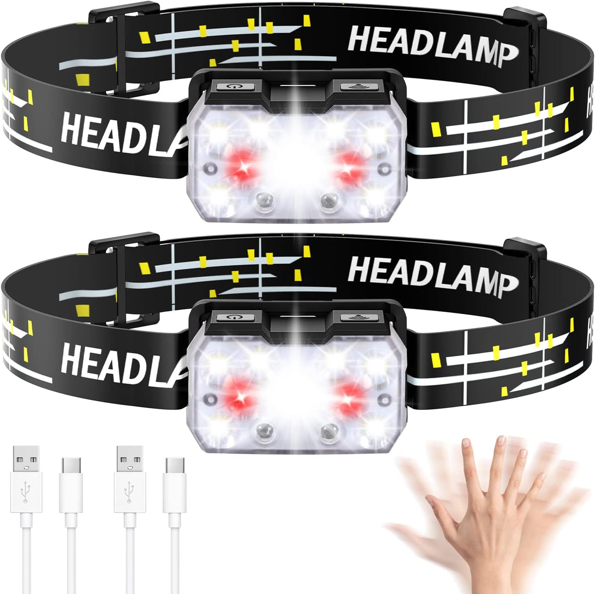Headlamp Rechargeable 2 Pack, 2000 Lumen Ultra-Light Bright LED Head Lamp with White Red Light, 10 Modes, Motion