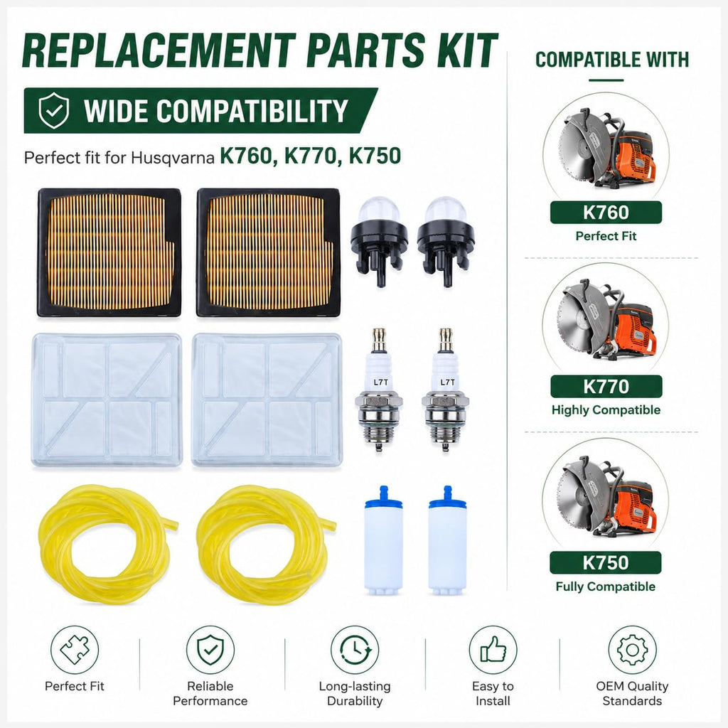 Replacement Tune Up Kit for Husqvarna K760 K770 K750, Air Filter Spark Plug Fuel Filter Primer Bulb Fuel Line, Replaces 574362302 574362301 506264101 188-512-1 530047721, Power Cutter Parts