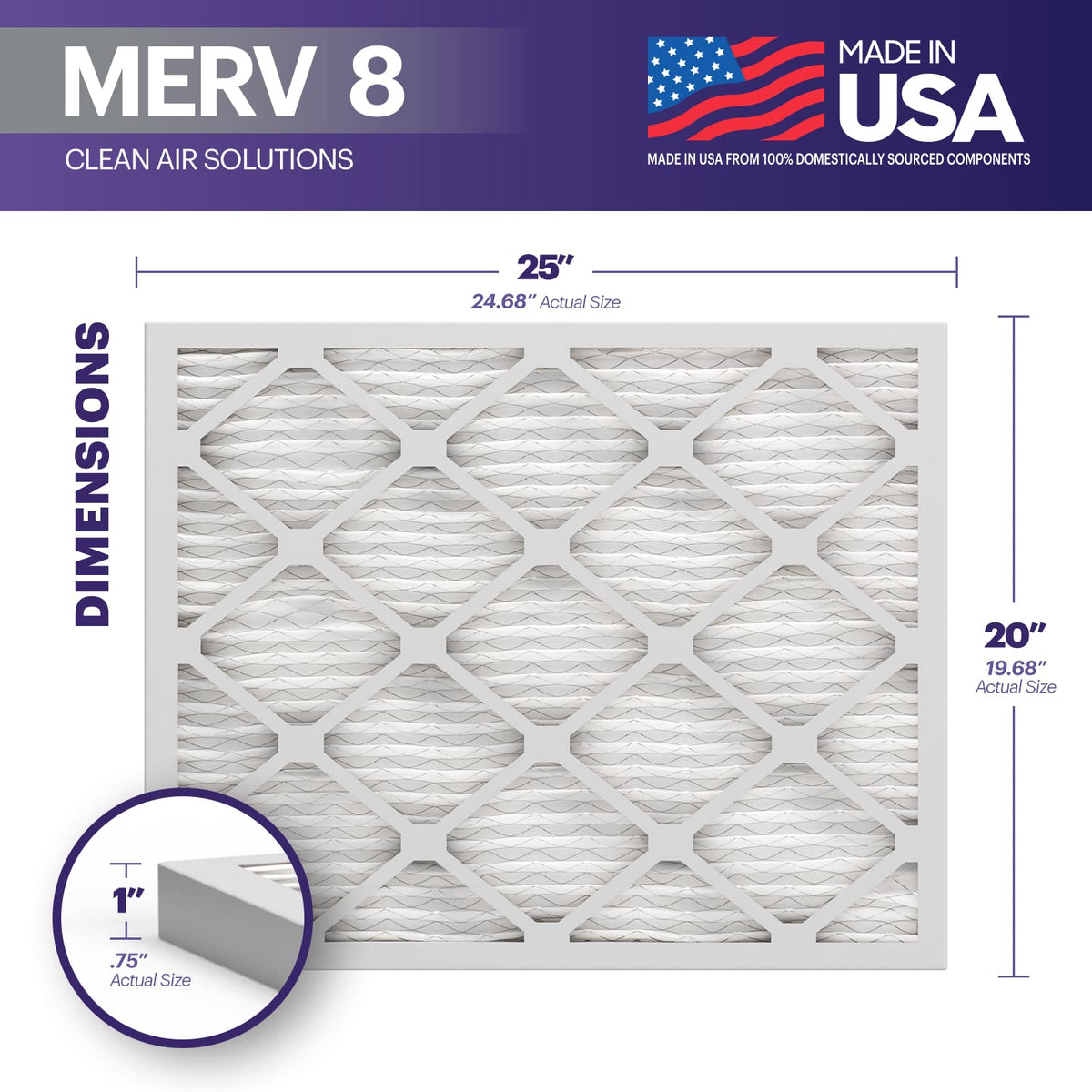 TruFilter 20x25x1 Air Filter MERV 8 (6-Pack) - MADE IN USA – Dust & Pet Defense Electrostatic Pleated Air Conditioner