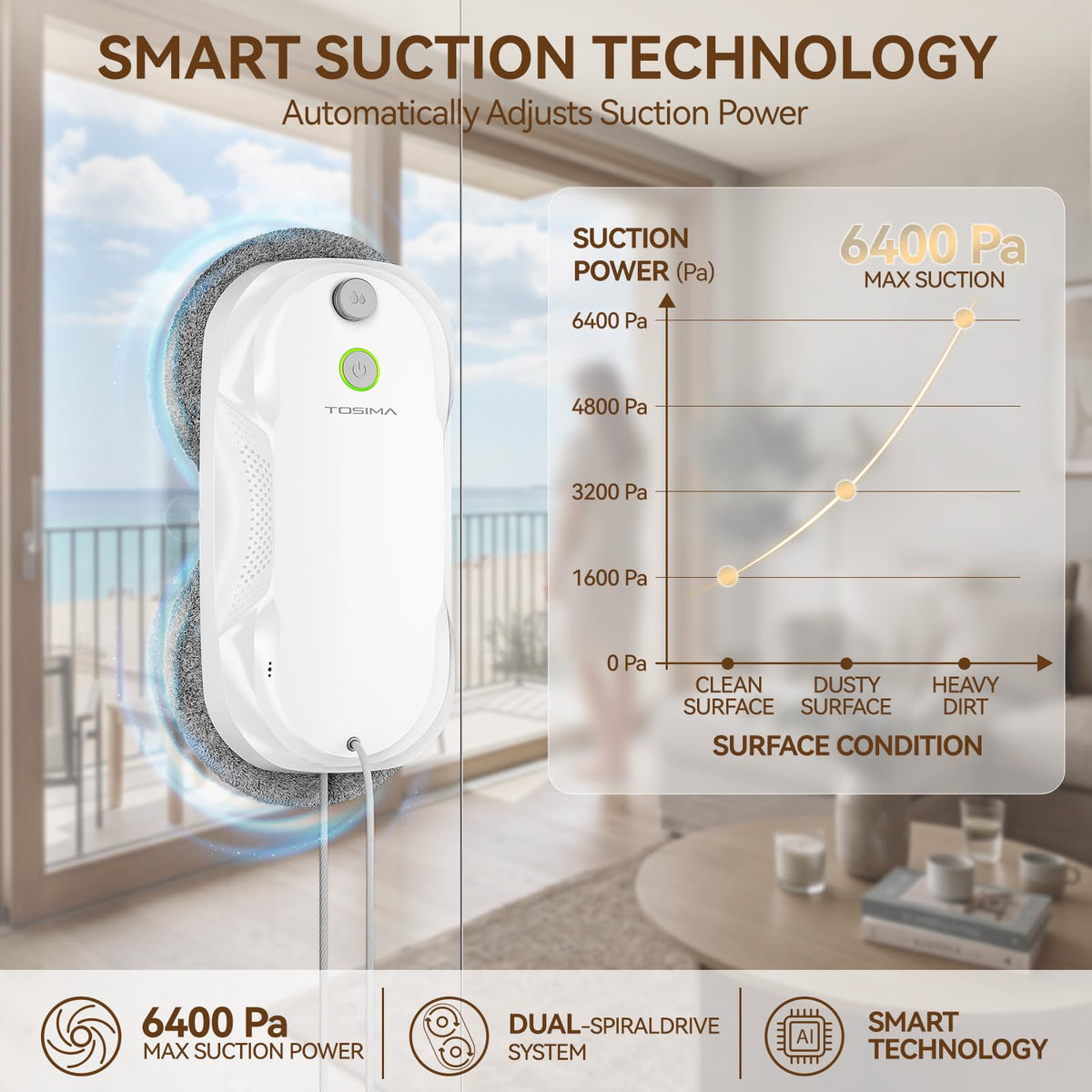 W5 Window Cleaning Robot, 6400Pa Max Adaptive Suction, Auto-Spray Smart Window Cleaner with Triple Safety System