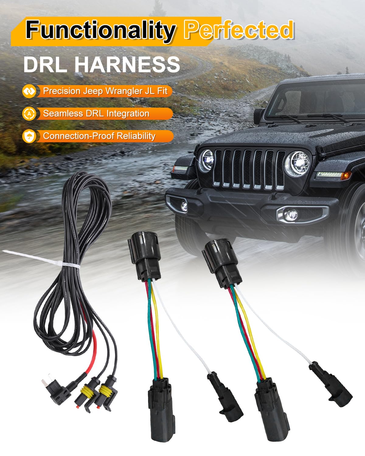 Headlight DRL Adapter Harness Kit Compatible with Jeep Wrangler JL 2018 2019 2020 2021 2022 Adapter W/DRL 4th Wire Harness [Plug N Play]