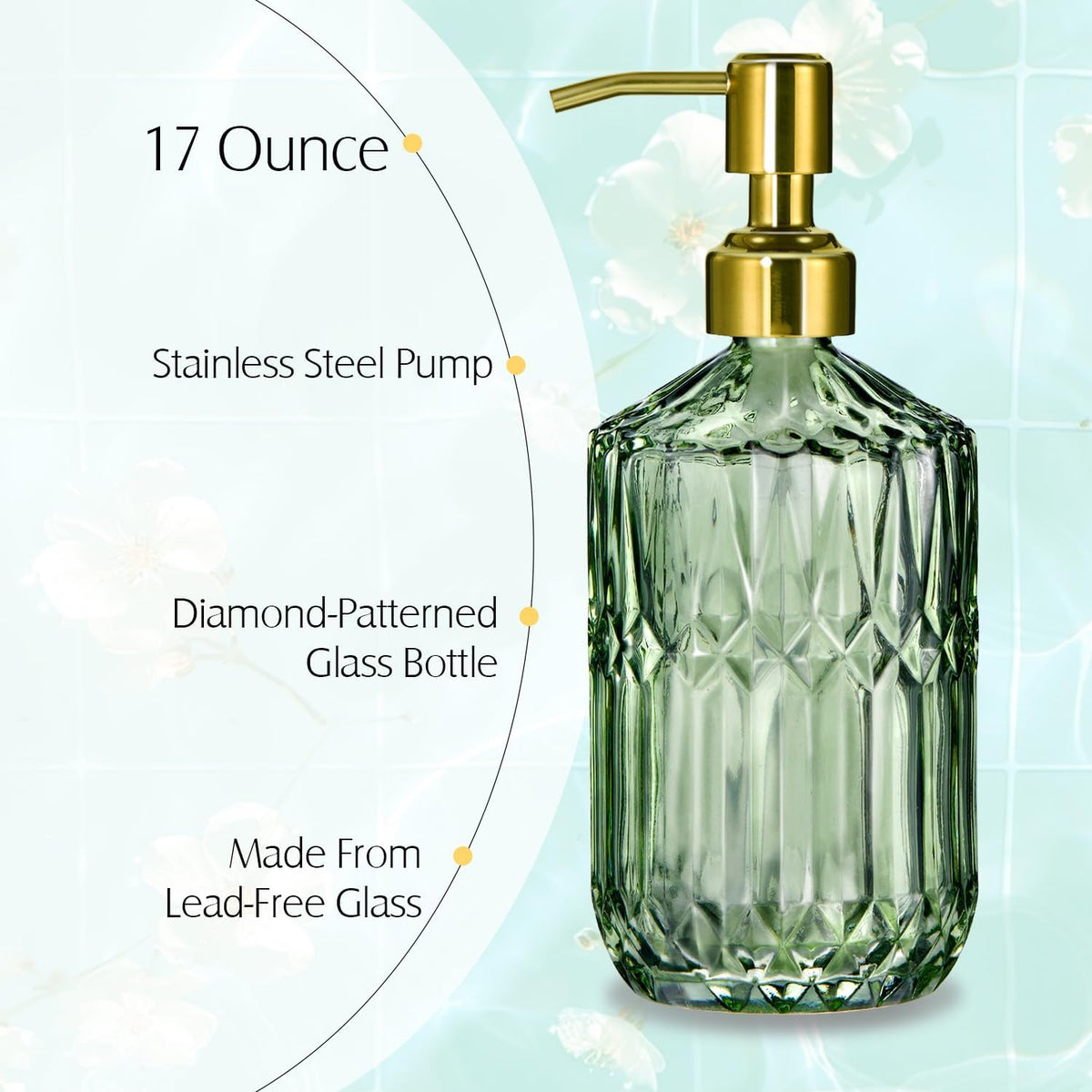 17 Oz Green Glass Kitchen Soap Dispenser for Dish Soap, 2 Pack Bathroom Soap Dispenser Set with Gold Rust Proof Pump