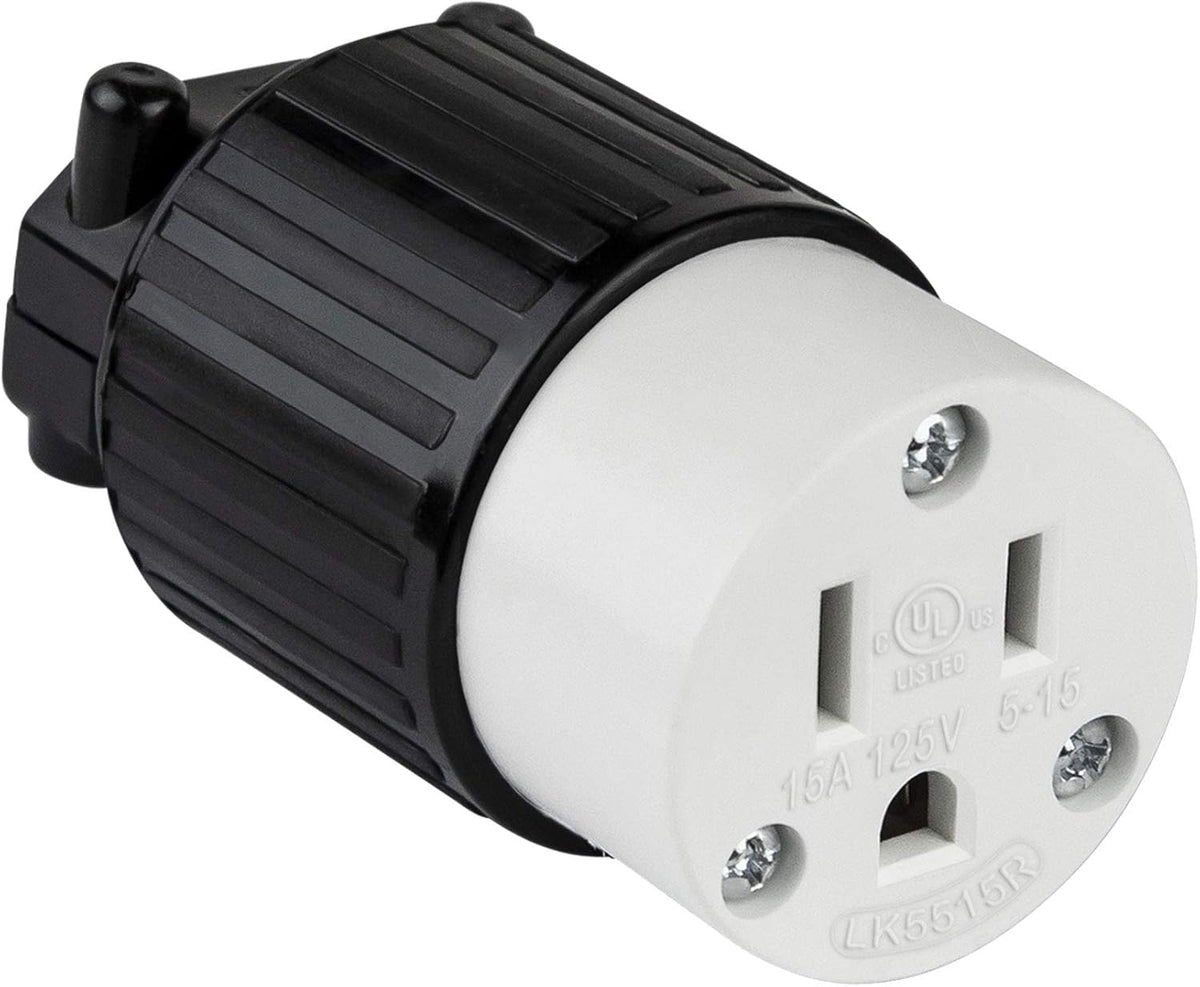 NEMA 5-15R Straight Blade Connector, Female Plug Replacement Cord Outlet, 15 Amp, 125 Volt, 2 Pole, 3 Wire Grounding