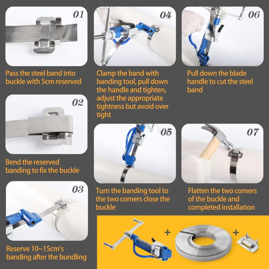 Stainless Steel Banding Tool - 3/16~3/4 inch Metal Strapping Tool with Tensioner & Cutting & Crimper, Screw-Type for