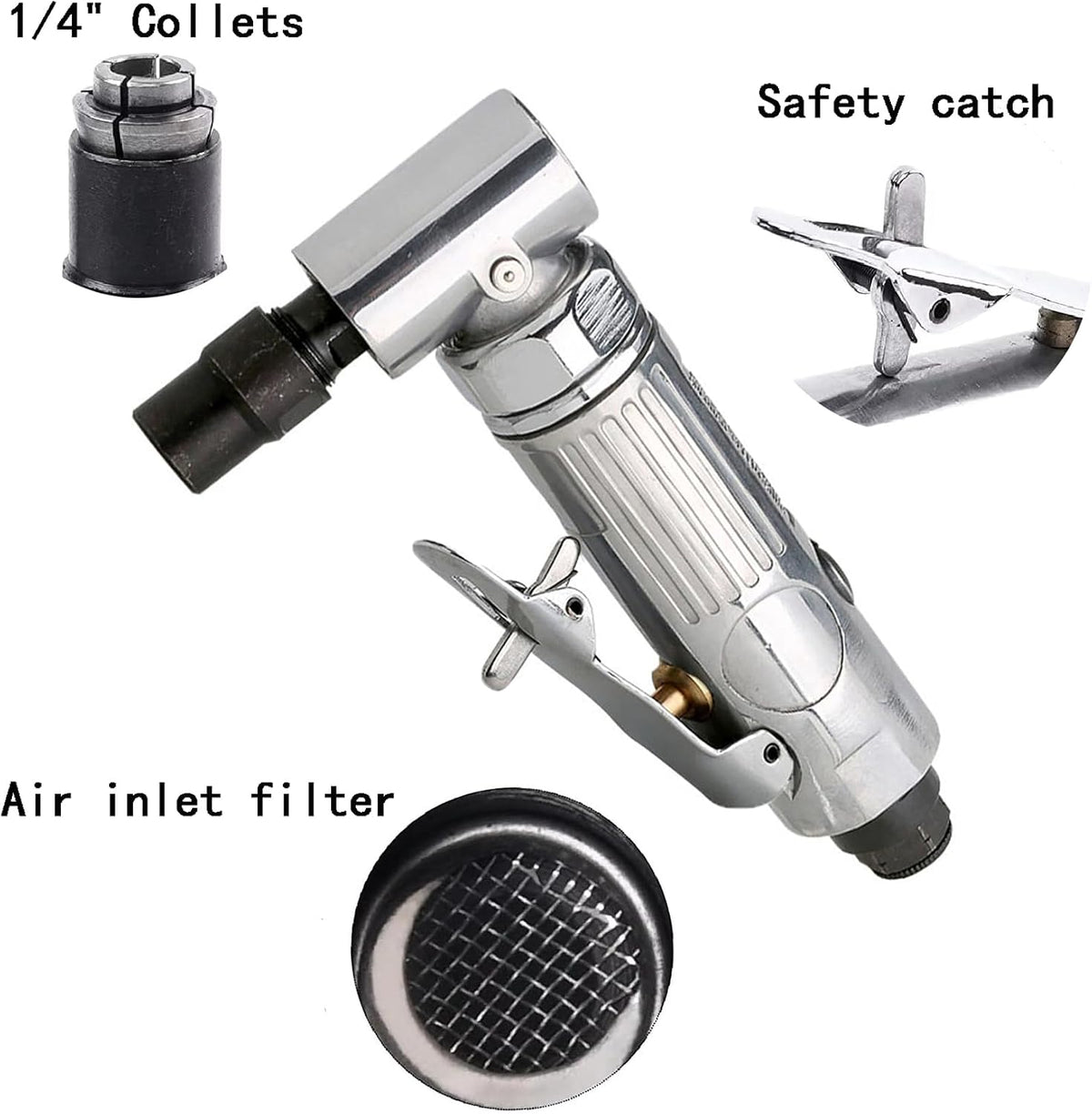 1/4 Inch Air Die Grinder, Right Angle, 20000 RPM Free Speed | 1/4" (6MM, 6.35MM) & 1/8" (3MM) Collet, Safety Lock
