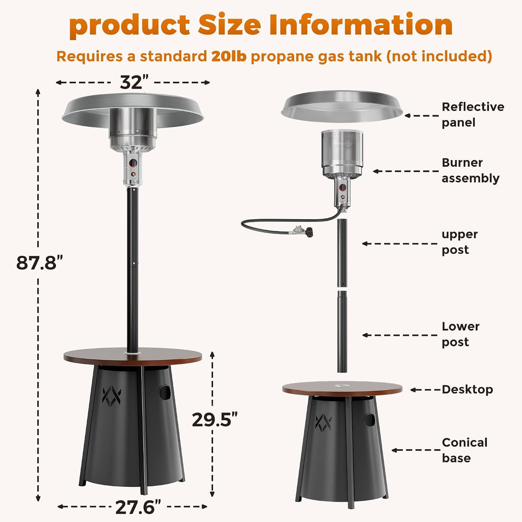 Outdoor Heaters for Patio with Round Table Design, Premium 304 Stainless Steel Burner, Triple Protection System