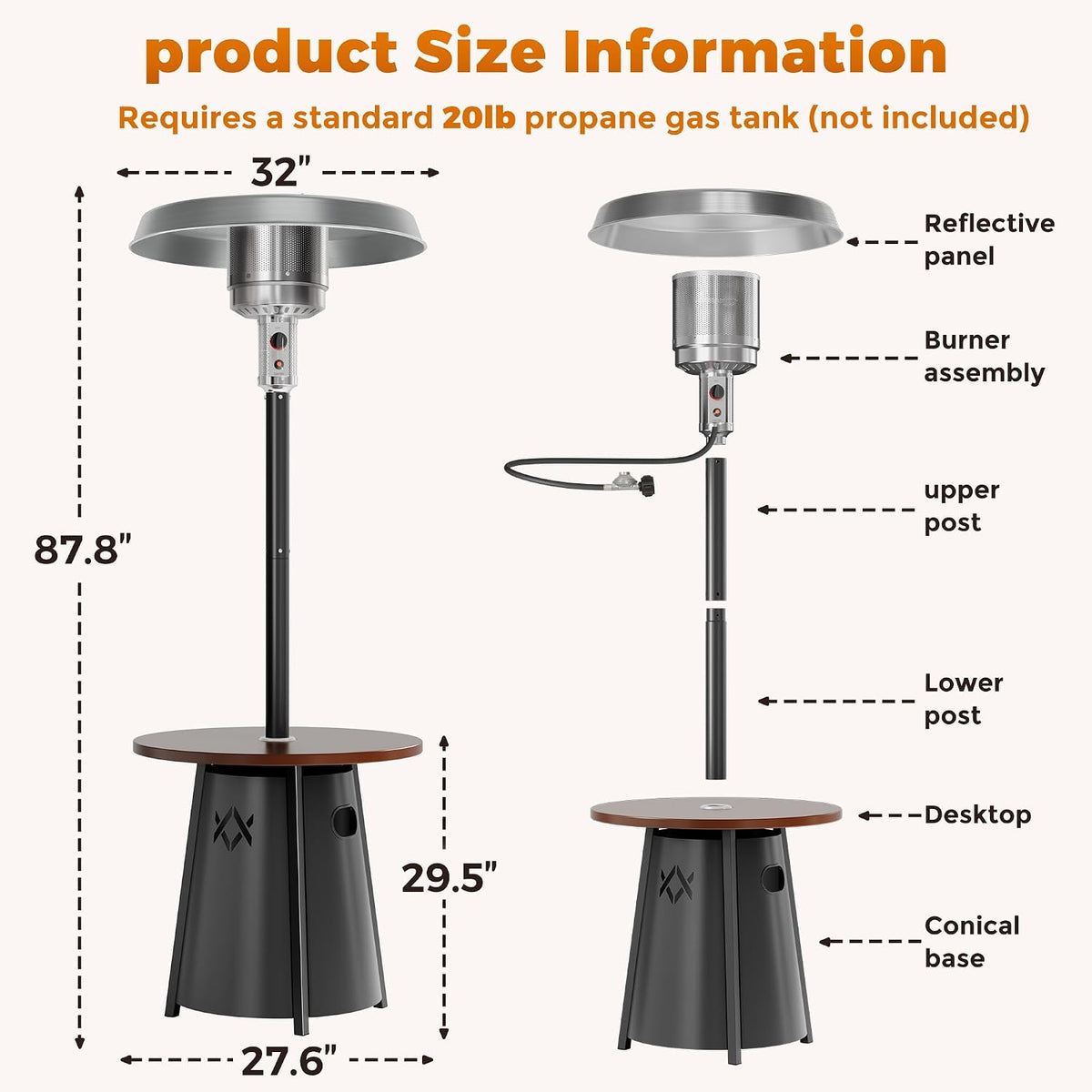 Outdoor Heaters for Patio with Round Table Design, Premium 304 Stainless Steel Burner, Triple Protection System