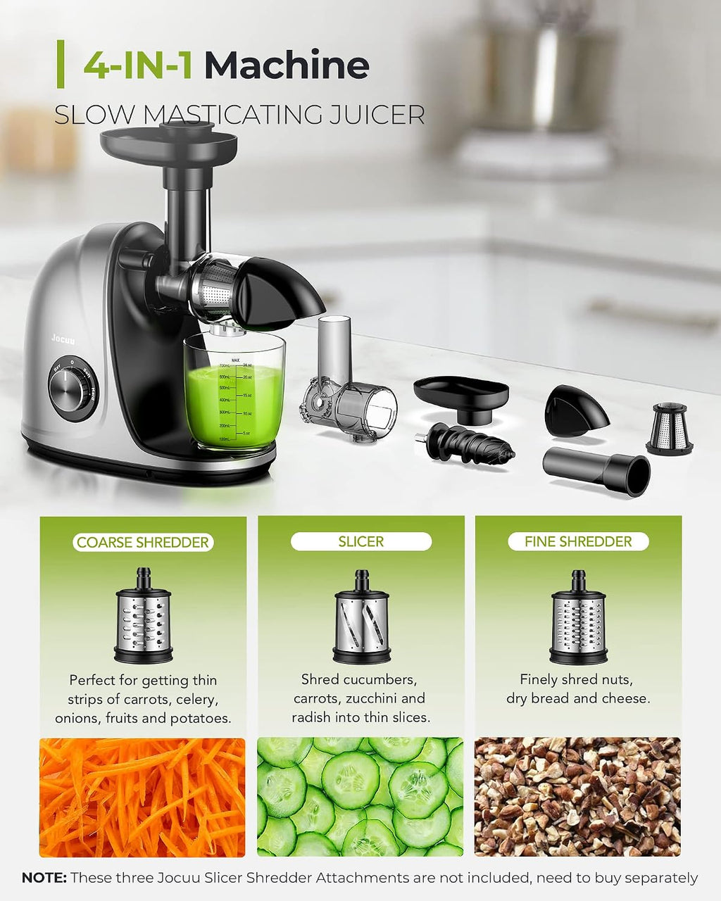Juicer, Jocuu Slow Masticating Juicer Machines Easy to Clean, Soft/Hard Two Speed Quiet Motor Reverse Function