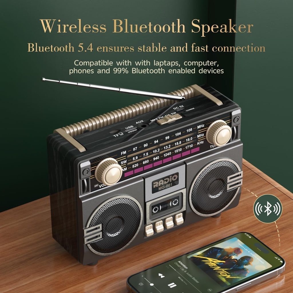 AM FM Radio Portable Shortwave Retro Radio Bluetooth Speaker | USB-C Rechargeable,Double Loudspeaker,Reception, Large
