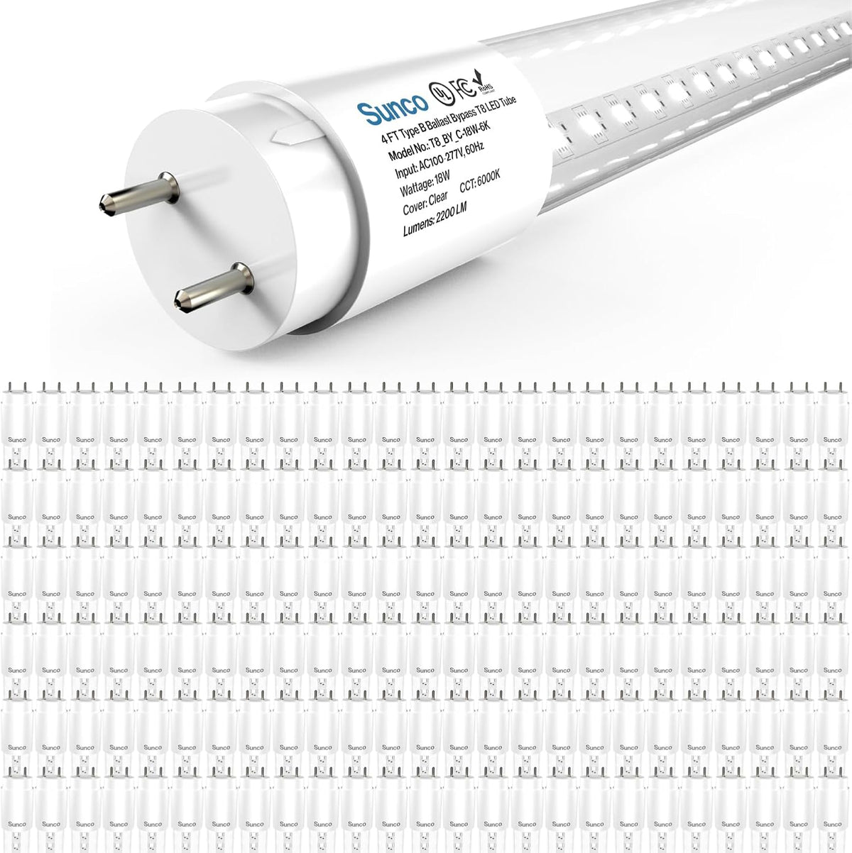 Sunco 150 Pack 4 Foot T8 LED Tube Light Bulbs, 18W, 6000K, Ballast Bypass