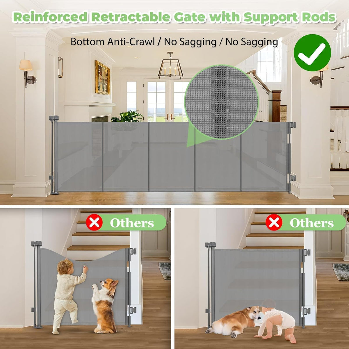 37" Tall x 155" Extra-Wide Retractable Indoor/Outdoor Mesh Pet & Child Safety Gate with One-Hand Safety Lock for Wide Openings, Patios & Stairways