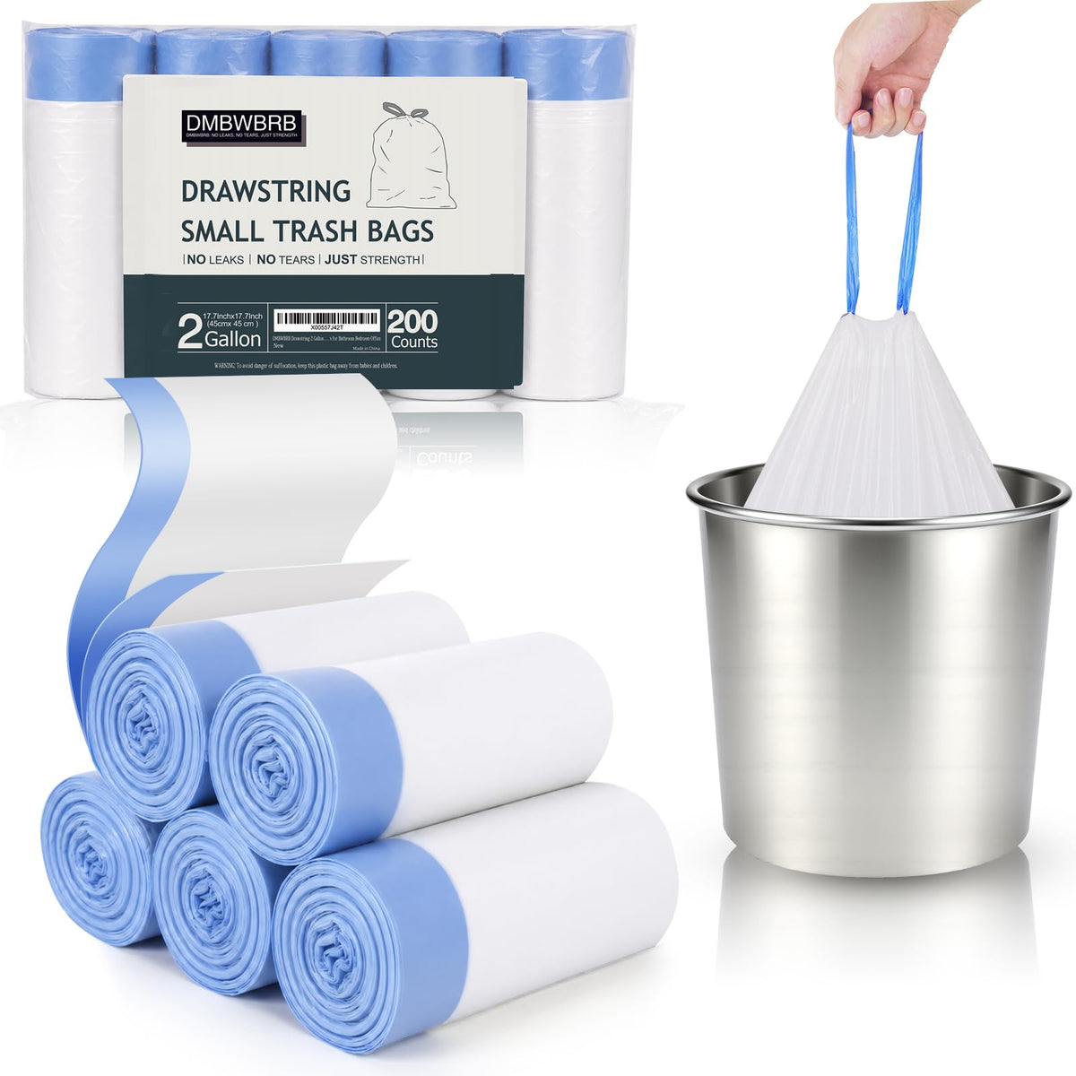 2 Gal Small Trash Bags, Unscented Drawstring, 200 Ct for Bathroom