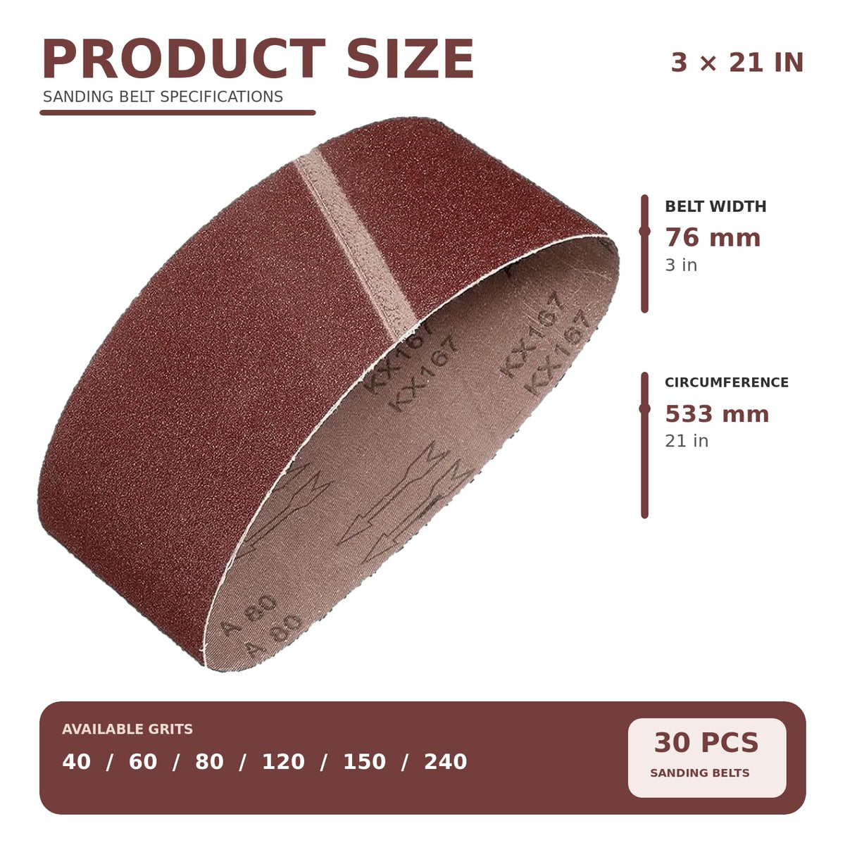 ADVX 30 Pcs 3 x 21 Inch Mixed Grit Aluminum Oxide Sanding Belt