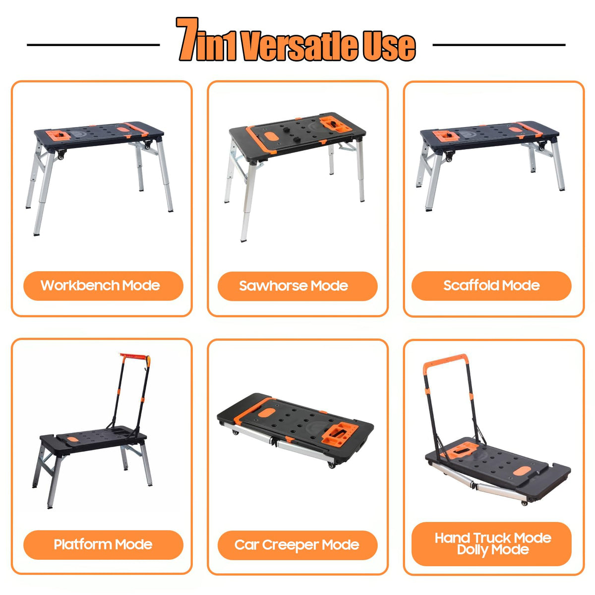 Folding Workbench, 551lbs Capacity, Adjustable Height, Portable Table, Scaffold, Sawhorse, Dolly, Hand Truck with