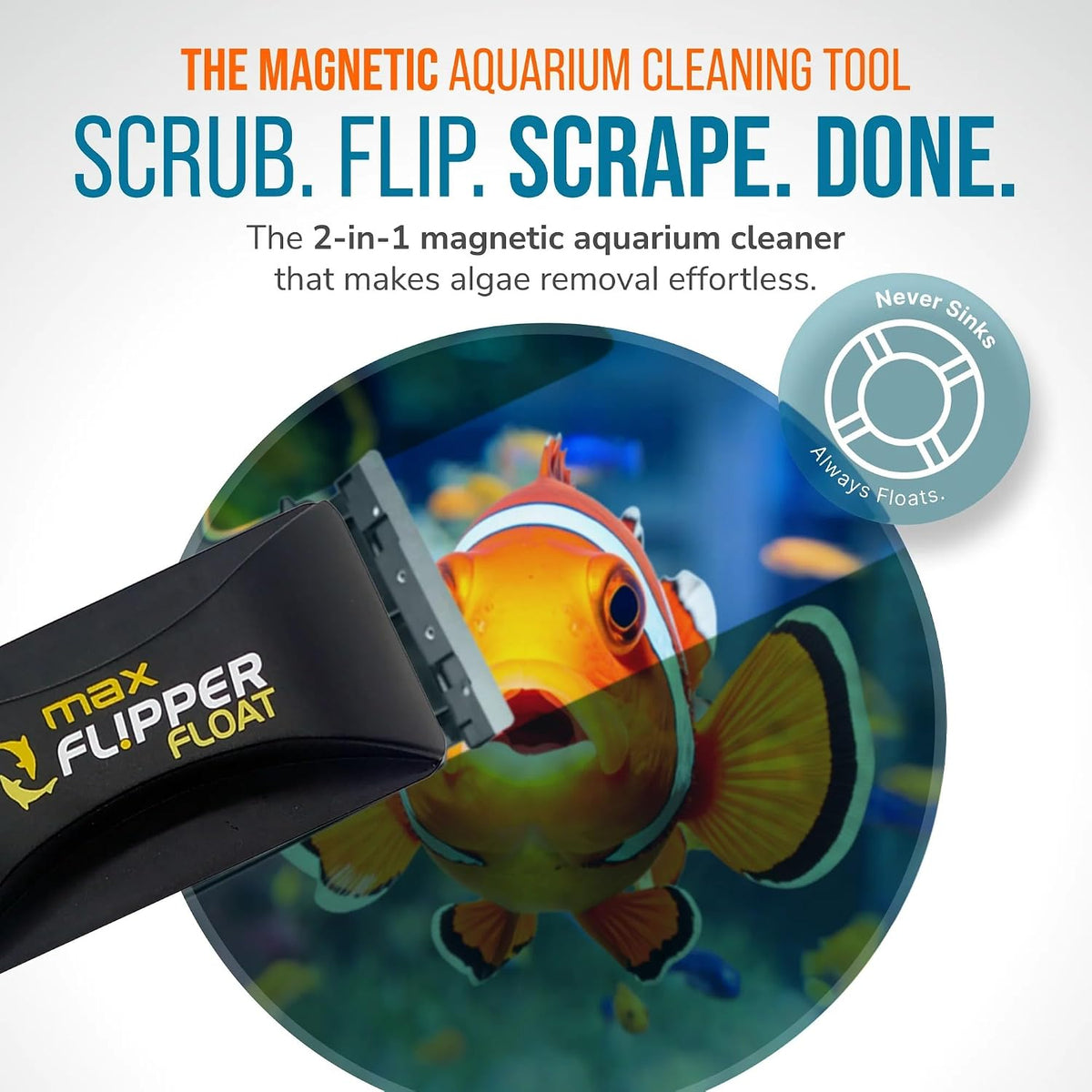 FLIPPER Max Magnetic Aquarium Cleaner – 2-in-1 Flip Scrubber and Scraper, Floating Design for Cleaning Hard-to-Reach