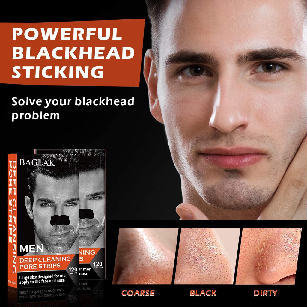 Men Blackhead Pore Strips - 120 Strips - Deep Cleansing - Face Nose Pores - Blackheads Removal - Large Size For