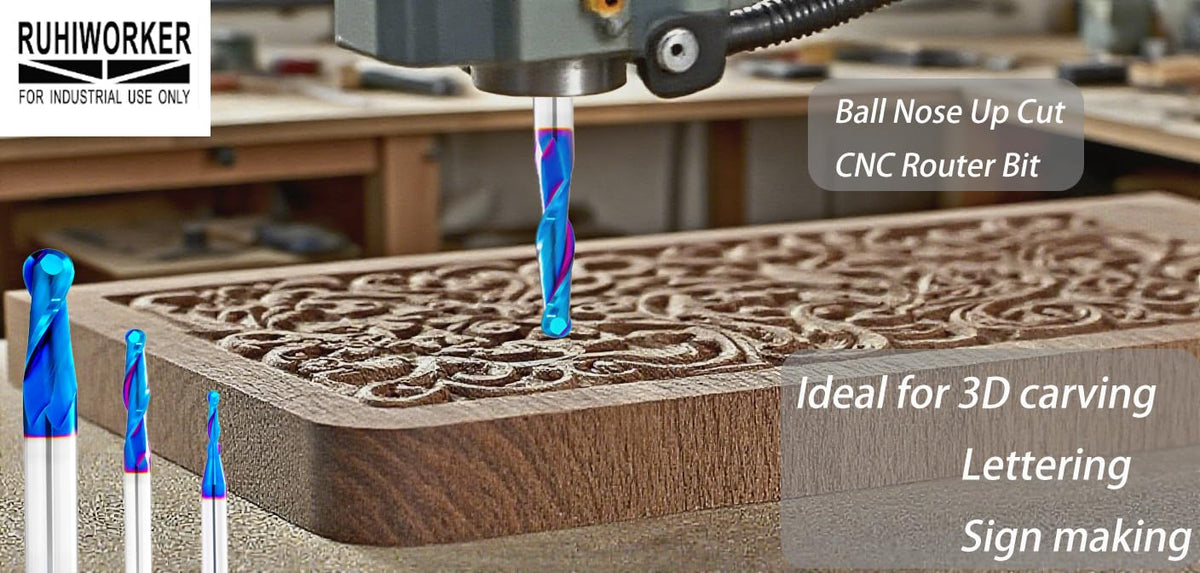 RUHIWORKER 3PCS B3460U Ball Nose End Mill CNC Router Bits 1/2 inch Shank 1/4 inch Shank 2D and 3D Carving Nano Blue Coated Up Cut Lettering Sign Making