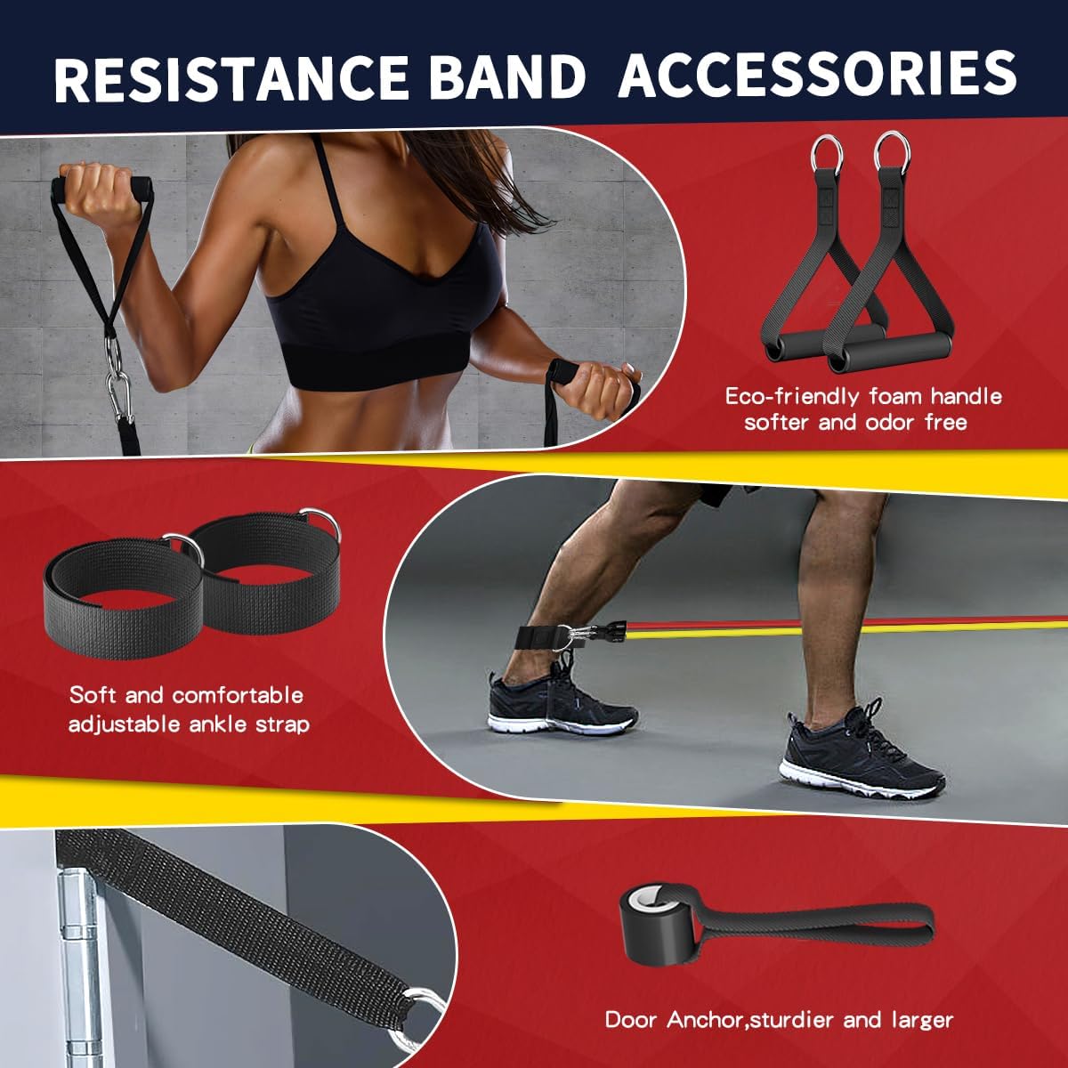 Resistance Bands, Exercise Bands, Workout Bands with Handles, Door Anchor and Ankle Straps, 5 Resistance Levels