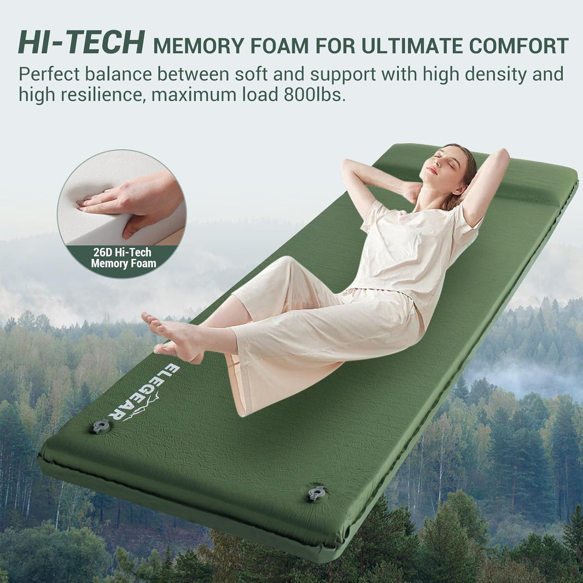 Self Inflating Sleeping Pad with Pillow 26D Memory Foam 3.15" | CumbreX Insulated Camping Mattress Pad, Fast