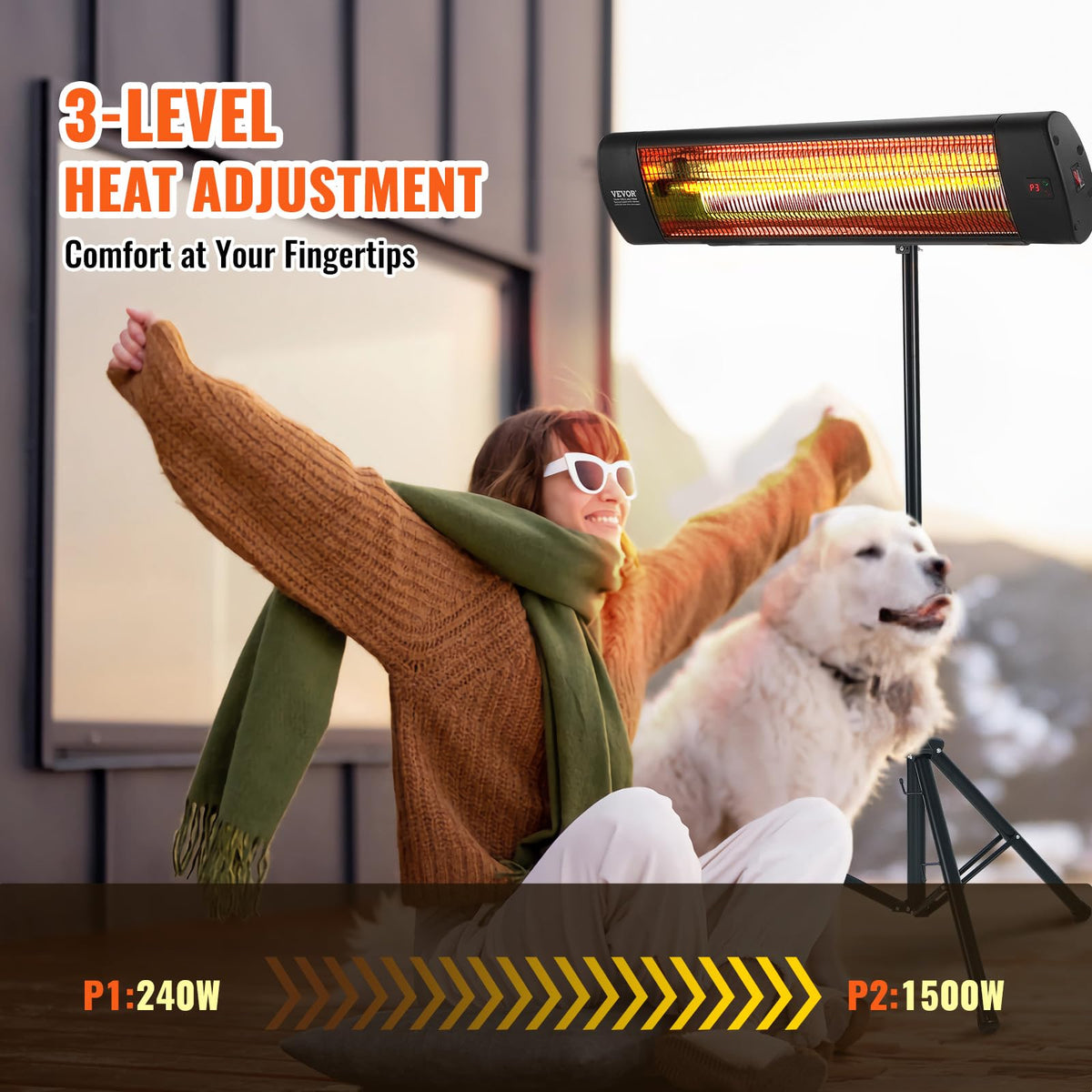 Infrared Heater, 1500W Remote Control Electric Space Heater, LED Screen Patio Heater w/ 3 Speeds & Timer