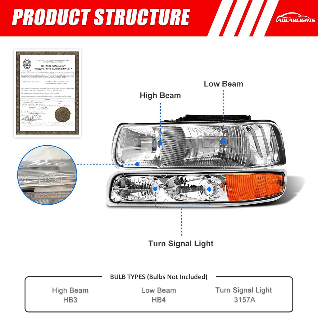 for 2000, 2002, 2006 Chevy Tahoe Halogen Headlight W/O Bulbs