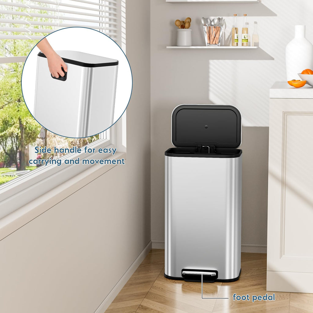 8 Gallon 30L Square Step Kitchen Trash Can, Stainless Steel, Silver