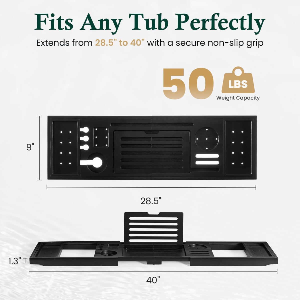 Teak Bathtub Tray, Adjustable Width Black Bath Caddy